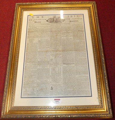 Lot 1092 - A framed front page from the Bury & Norwich...