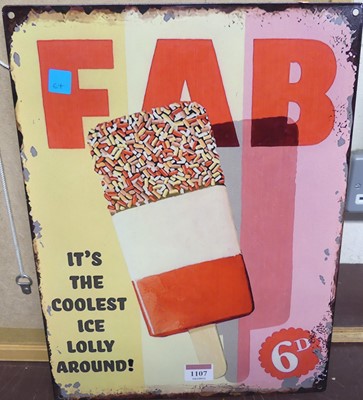 Lot 1107 - A printed tin advertising sign for FAB lollies,...