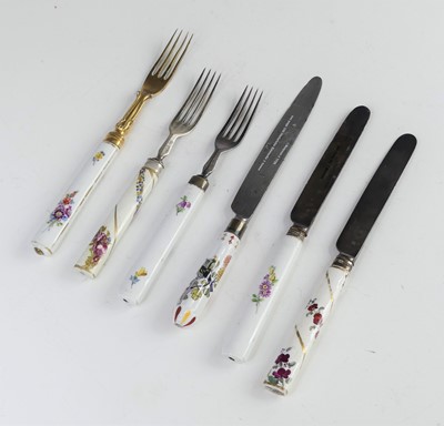 Lot 2084 - Six Meissen porcelain-handled knives and forks,...