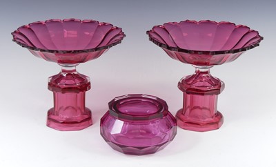 Lot 2144 - A pair of cranberry glass pedestal bowls, 19th...