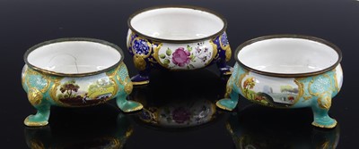 Lot 2388 - Three South Staffordshire enamel table salts,...