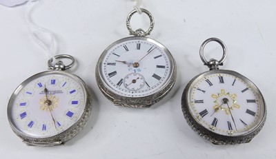 Lot 401 - A Swiss silver cased open face fob watch, the...