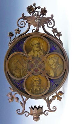 Lot 2130 - An antique stained glass panel, of quatrefoil...