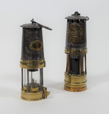 Lot 12 - Two vintage brass miner's lamps, the largest h....