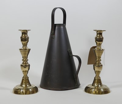 Lot 26 - A pair of Victorian brass table candlesticks,...