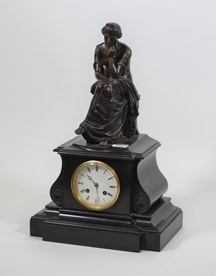 Lot 131 - A Victorian black slate mantel clock,...