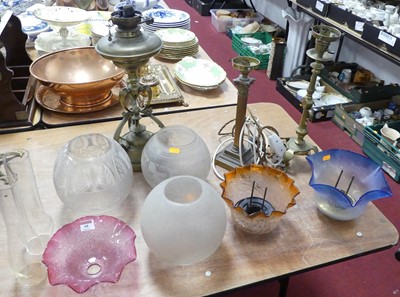 Lot 95 - A collection of Victorian glass oil lamp...