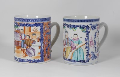 Lot 219 - A Chinese export porcelain tankard, painted...