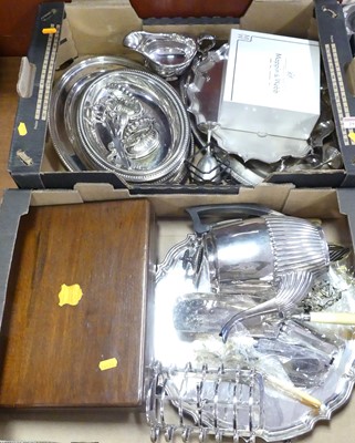 Lot 293 - Two boxes of silver plated wares to include a...