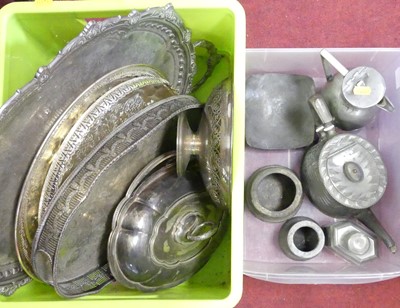 Lot 300 - Two boxes of metal wares to inlcude pewter and...