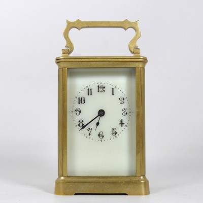 Lot 377 - A lacquered brass carriage clock, the enamel...