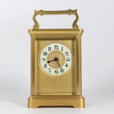 Lot 378 - A lacquered brass carriage clock,. the enamel...