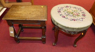 Lot 1256 - A joined oak joint stool, w.43.5cm; together...