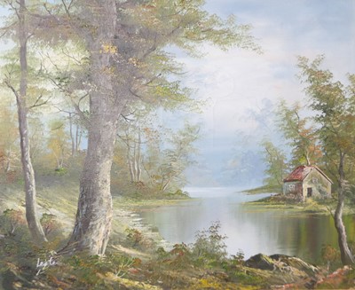 Lot 1002 - A circa 1970s mountain lake scene, palette...