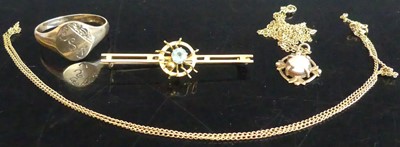 Lot 426 - A modern 9ct gold blue topaz set bar brooch;...