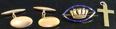 Lot 437 - A 15ct gold and blue enamel elliptical crown...