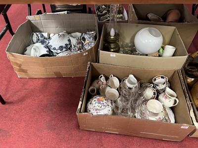 Lot 734 - Three boxes of glassware, ceramics and metal...