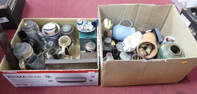 Lot 737 - Two boxes of mixed glassware and metal wares...