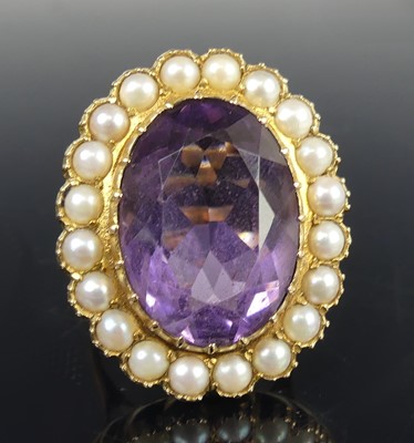 Lot 2620 - A 9ct yellow gold, amethyst and pearl oval...