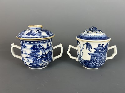 Lot 10 - Two Chinese blue and white double-handle tea...