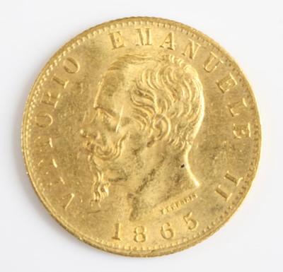 Lot 3371 - Italy, 1865 gold 20 lire, obv: bust of of King...