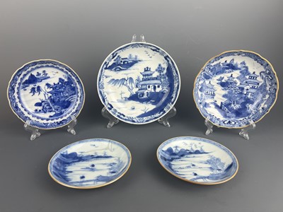 Lot 105 - Five Chinese blue and white “landscape” dishes,...