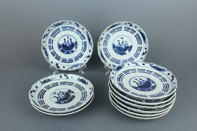 Lot 110 - Ten blue and white Japanese Arita “ship”...