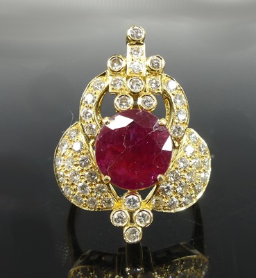 Lot 2256 - A yellow metal, ruby and diamond fancy...