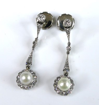 Lot 2275 - A pair of white metal, pearl and diamond...