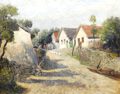 Lot 1015 - Vivary - Continental village scene with stone...