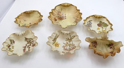 Lot 222 - Six various Royal Worcester blush ivory shell...