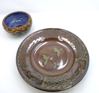 Lot 209 - A green & brown glazed studio pottery charger,...