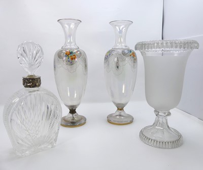 Lot 214 - A pair of floral enamel decorated glass vases,...