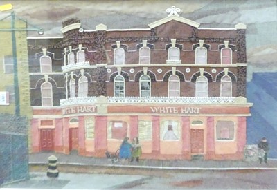 Lot 1085 - Margery Kelly - The White Hart, London, fabric...