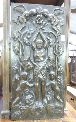 Lot 1102 - A 17th century carved oak allegorical panel,...