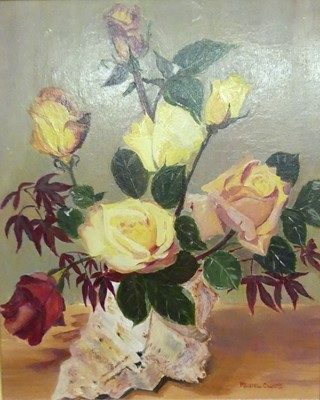 Lot 1115 - Muriel Clark - Still life with cabbage roses,...