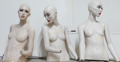 Lot 1123 - Three female shop mannequin, being upper torso...