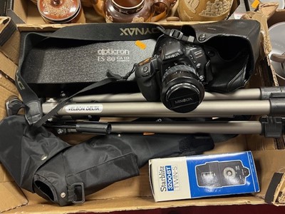 Lot 638 - A box of camera equipment, to include tripod,...