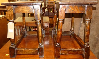 Lot 1361 - Two joined oak joint stools, each raised on...