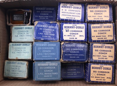 Lot 387 - Sixteen Hornby-Dublo tinplate coaches, nearly...