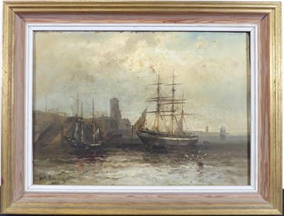 Lot 2443 - H.M. Krause - Harbour scene in moonlight, oil...