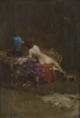 Lot 2465 - A.B. Simpson - The Blue Vase, oil on card,...