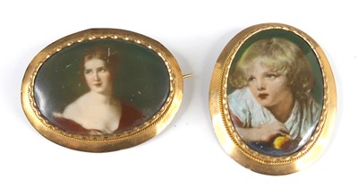 Lot 2283 - Two yellow metal mounted and painted porcelain...