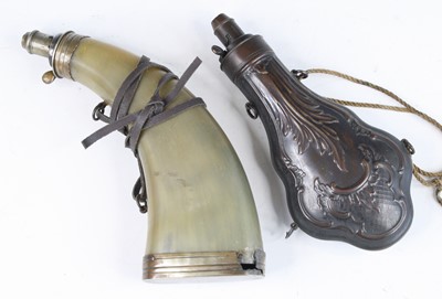 Lot 689 - A horn powder flask, having plated mounts, the...