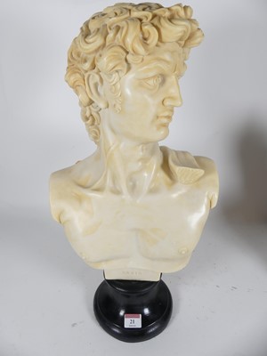 Lot 21 - A cast resin bust of David on pedestal base,...