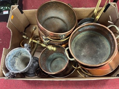 Lot 175 - A box of metal ware to include copper...