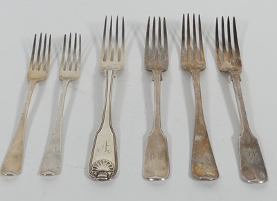 Lot 301 - A group of six silver forks, various dates and...