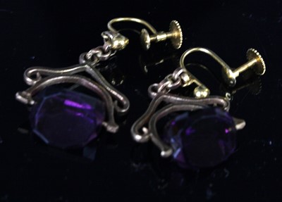 Lot 406 - A pair of 18ct gold and purple paste set ear...