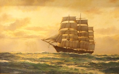 Lot 1094 - WJ Popham - Three master clipper ship on calm...