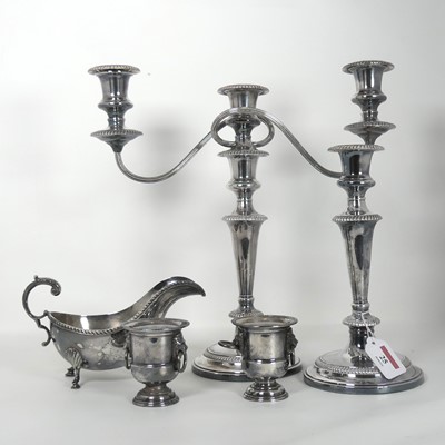 Lot 25 - A silver plated three branch table candelabra,...